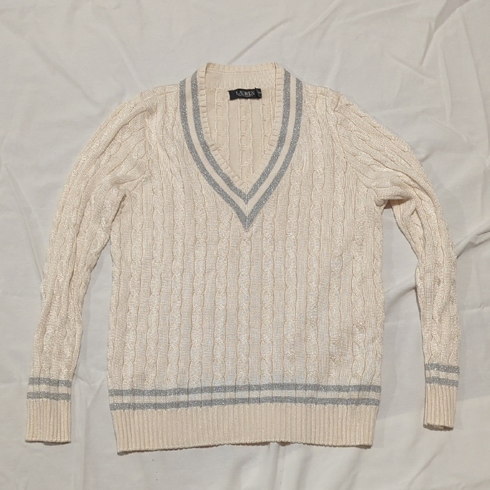 Ralph Lauren Women's V-Neck Sweater in Cream and Gray
